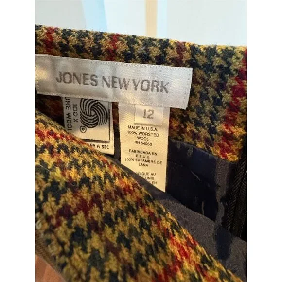 Vintage Jones New York Women's Houndstooth Wool Blazer Skirt Academia Sz12 USA